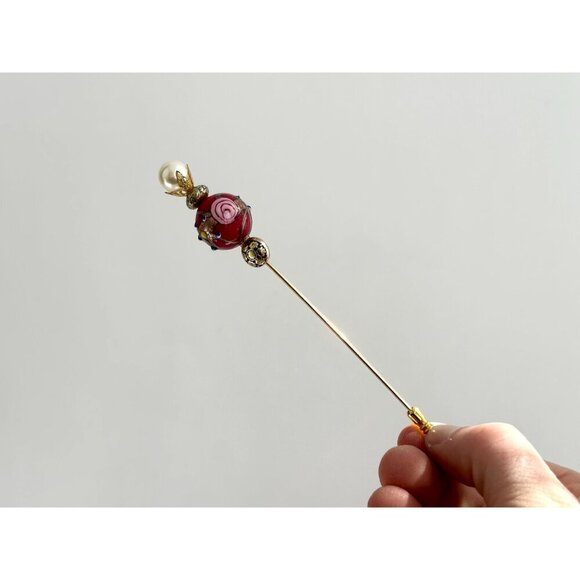 Murano Italian Made Glass Beaded Faux Pearl Crown Vintage Square Long Stick Pin - Picture 7 of 7